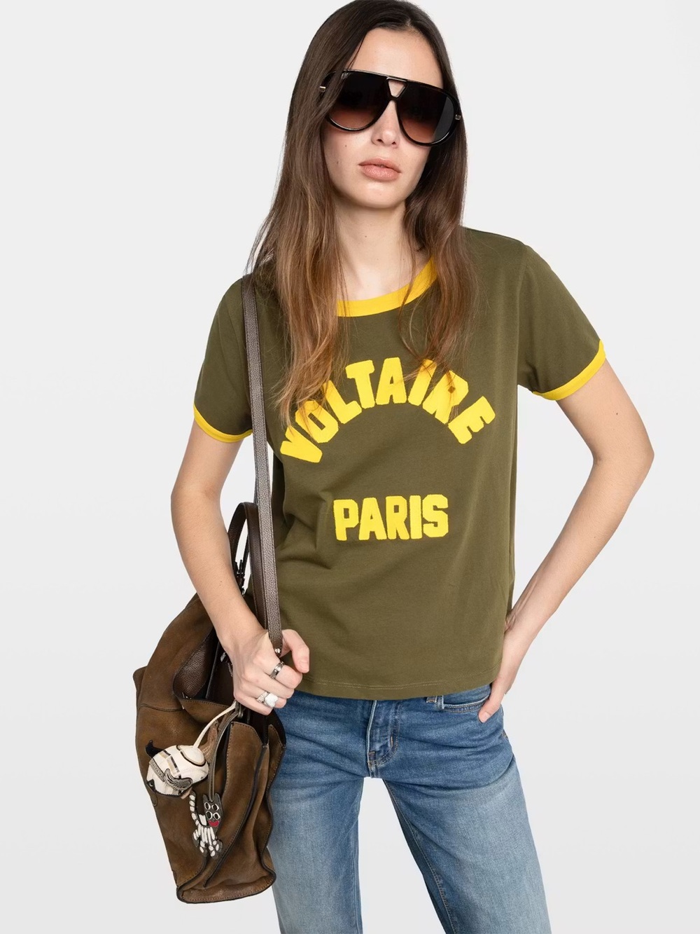 Zadig & Voltaire Olive Green Tee with Yellow Graphic